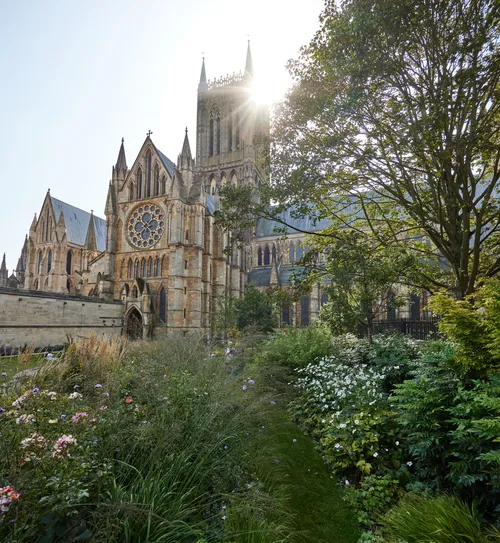 Lincoln cathedral trees This landscape photograph captures Lincoln Cathedral in Lincoln, England, United Kingdom during a late summer morning, as indicated by the bright sunlight streaming over the cathedral’s towers. The image prominently features the cathedral’s Gothic architecture with its detailed façade, rose window, and soaring spires. Surrounding the historic church, mature trees and lush summer vegetation create a vibrant garden foreground, highlighting the contrast between nature and the enduring architecture of this landmark structure. Lincoln Cathedral is well known as one of England’s most remarkable medieval churches, and its towering presence dominates the scene against the clear morning sky.